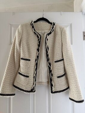 Cream Bouclé Open-Front Jacket with Black and faux pearl Trim